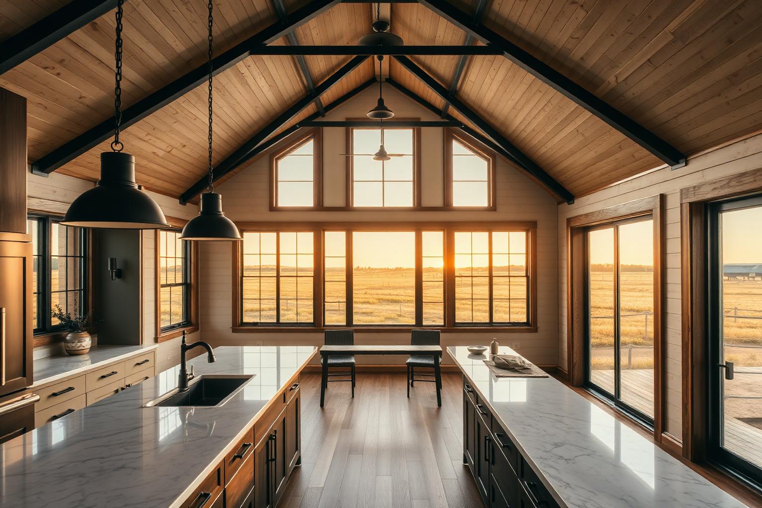 Barndominium kitchen with quartz island and vaulted ceiling