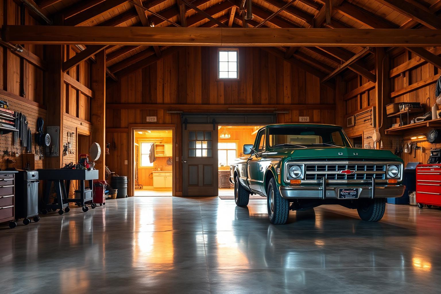 Integrated shop bay connected to barndominium living quarters