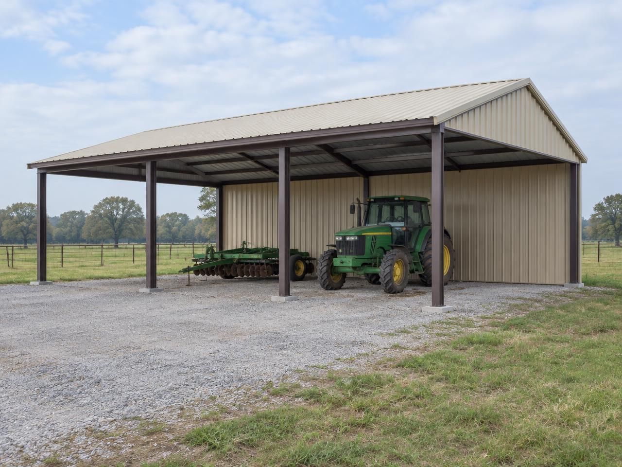 Illustrative building concept — AI-generated, not a completed Outlaw Building Co. project AI-generated illustration: Open-sided steel equipment shelter protecting a tractor and farm implements on a gravel floor. Not a completed Outlaw Building Co. project.