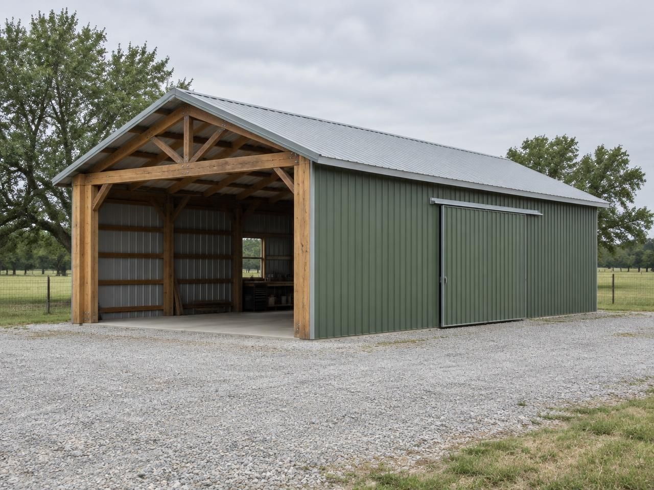 Illustrative building concept — AI-generated, not a completed Outlaw Building Co. project AI-generated illustration: Green post-frame agricultural building with exposed timber posts and a sliding barn door under overcast skies. Not a completed Outlaw Building Co. project.