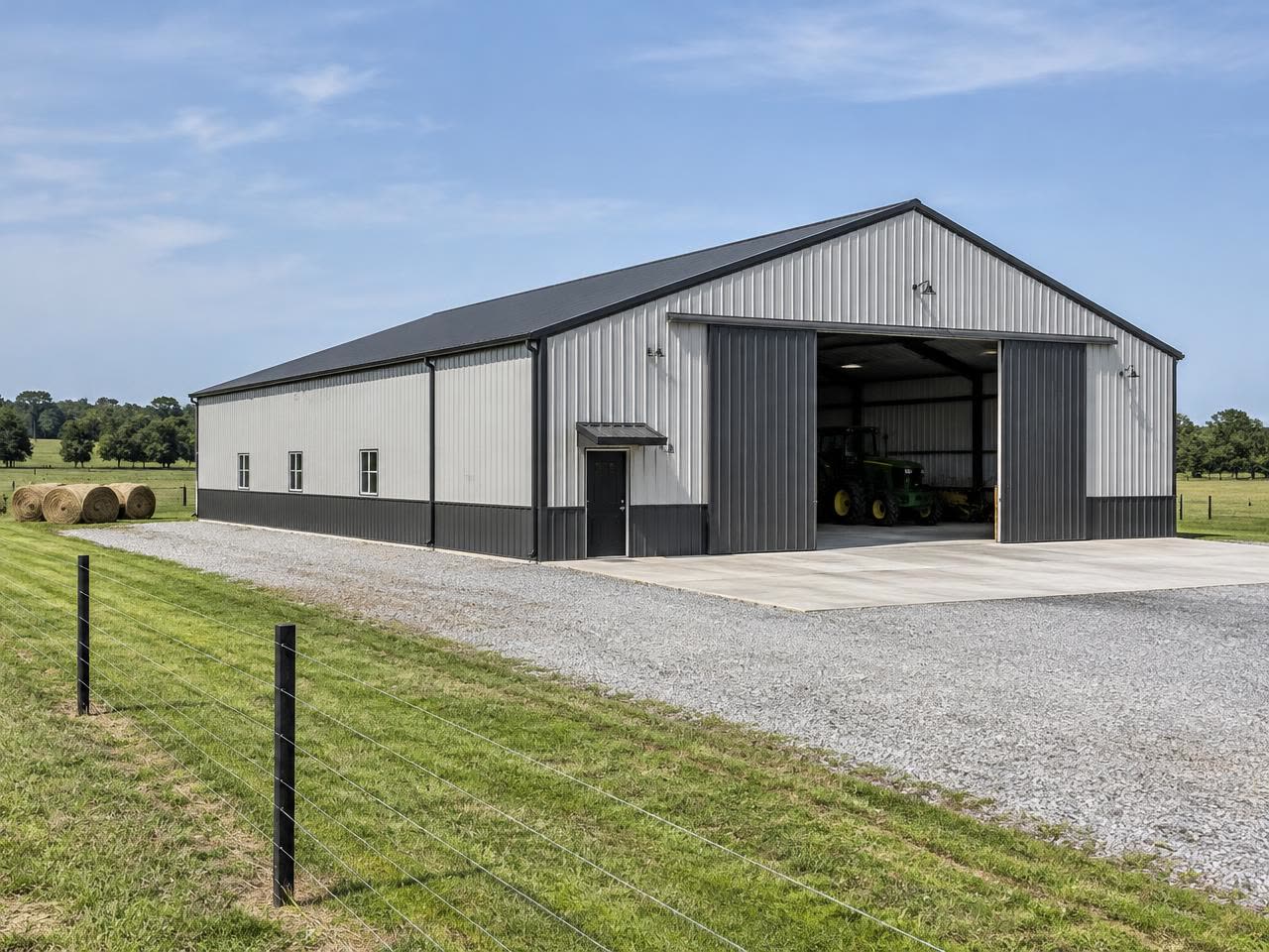 Illustrative building concept — AI-generated, not a completed Outlaw Building Co. project AI-generated illustration: New light gray and charcoal metal equipment barn with a wide sliding door, concrete apron, pasture fence and hay bales in daylight. Not a completed Outlaw Building Co. project.