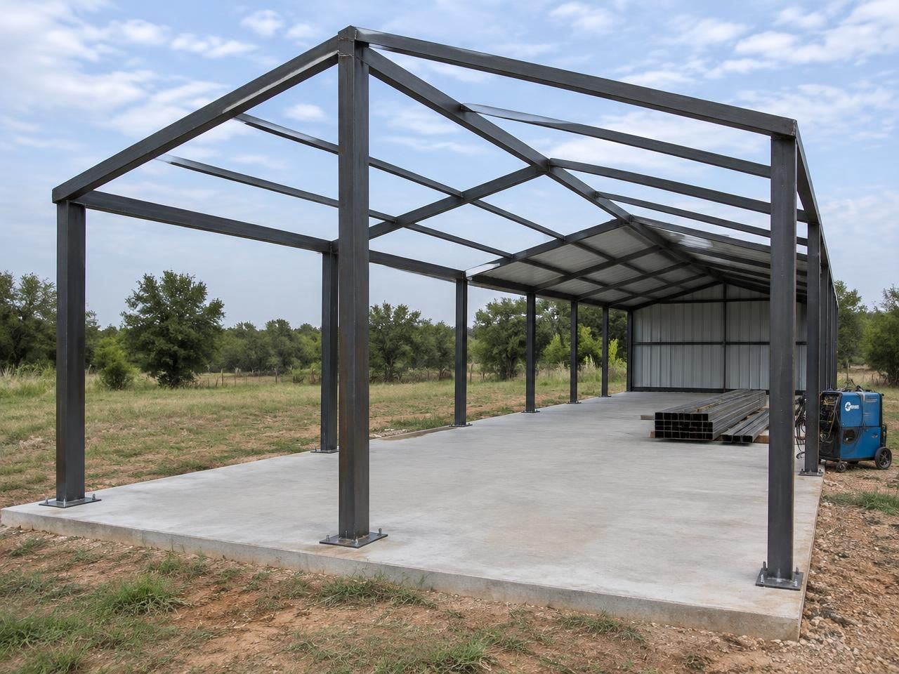 Illustrative building concept — AI-generated, not a completed Outlaw Building Co. project AI-generated illustration: Weld-up steel building under construction with exposed square-tube posts and roof framing on a concrete slab. Not a completed Outlaw Building Co. project.
