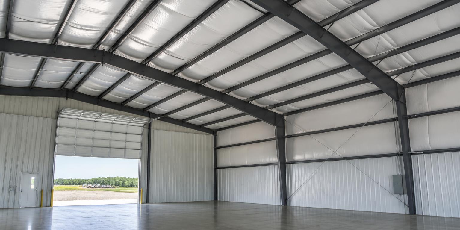 Insulated metal building interior with white vinyl-faced roof insulation between steel purlins