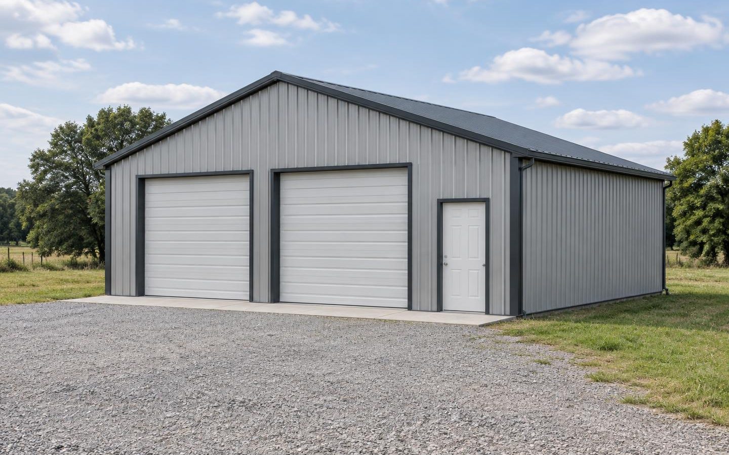 Illustration of a metal workshop with two sectional overhead doors and a separate walk-through entry door in daylight