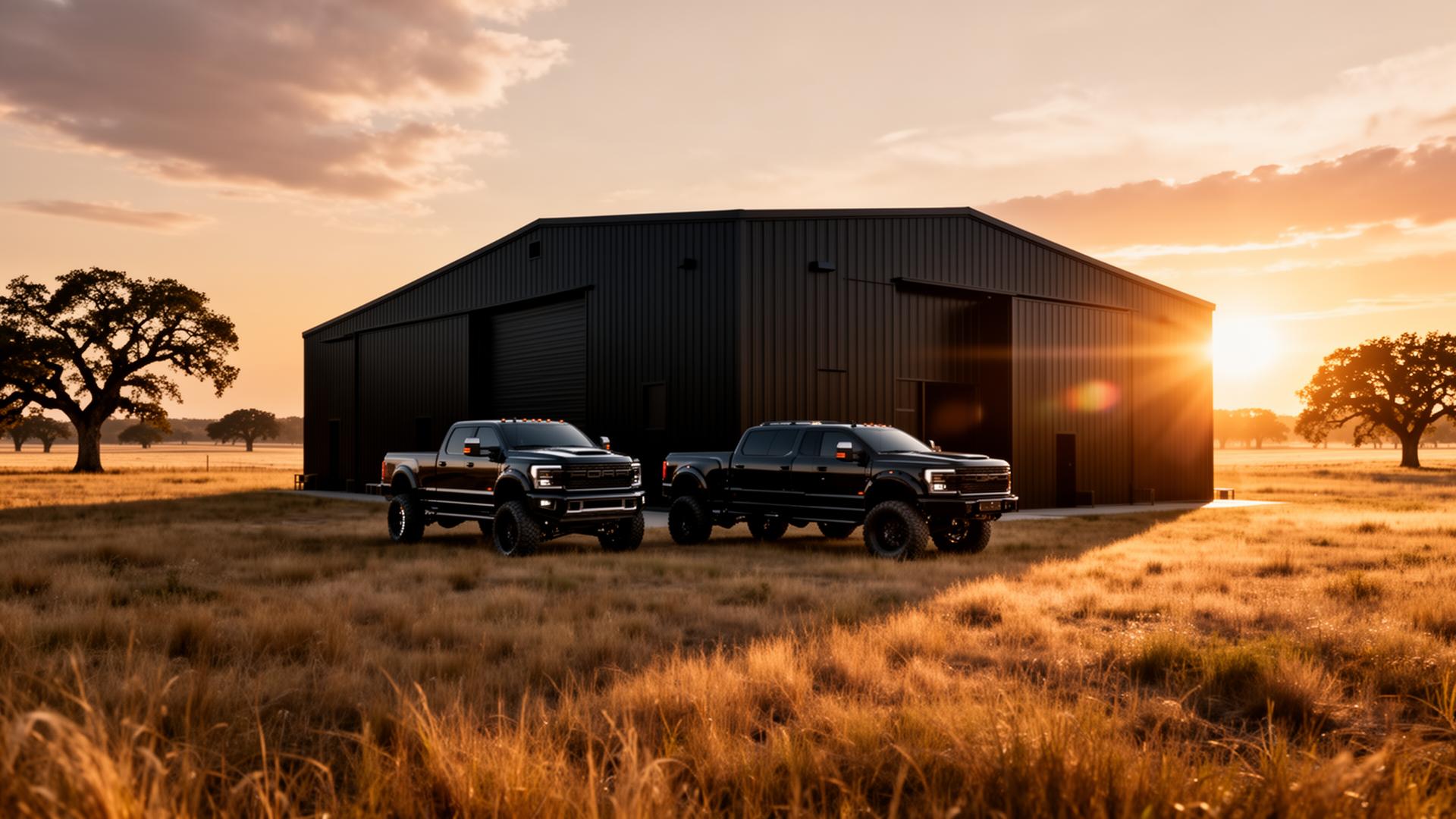 Premium black metal building on Oklahoma ranch at sunset